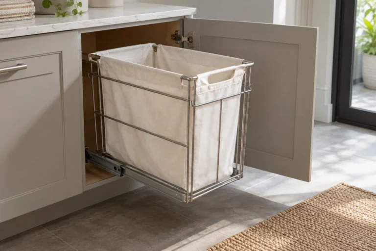 Conceptual pull-out wire laundry hamper in an open cabinet with removable fabric bag access; illustrative buyer-education image.