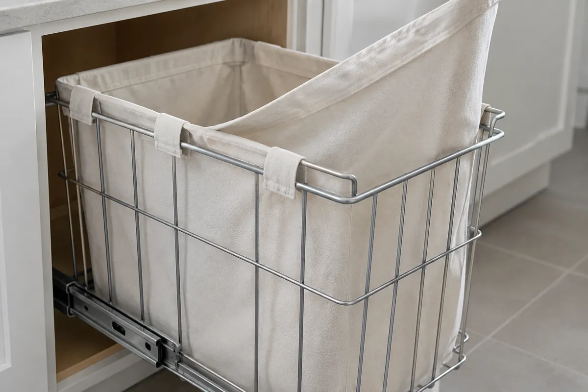Wire hamper rim and fabric liner interface shown in an open cabinet; verify the actual bag capture design with the fitting supplier.