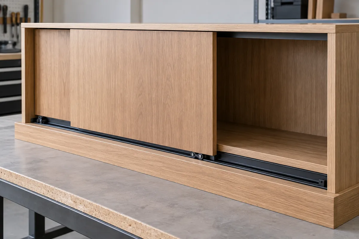 Cabinet sliding door sample with floor track and support area visible for buyer fit review; conceptual, not a test record.
