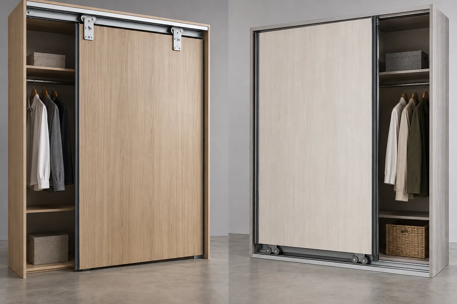 Conceptual comparison of separate top-supported and bottom-rolling cabinet door systems; illustrative supplier-selection image.