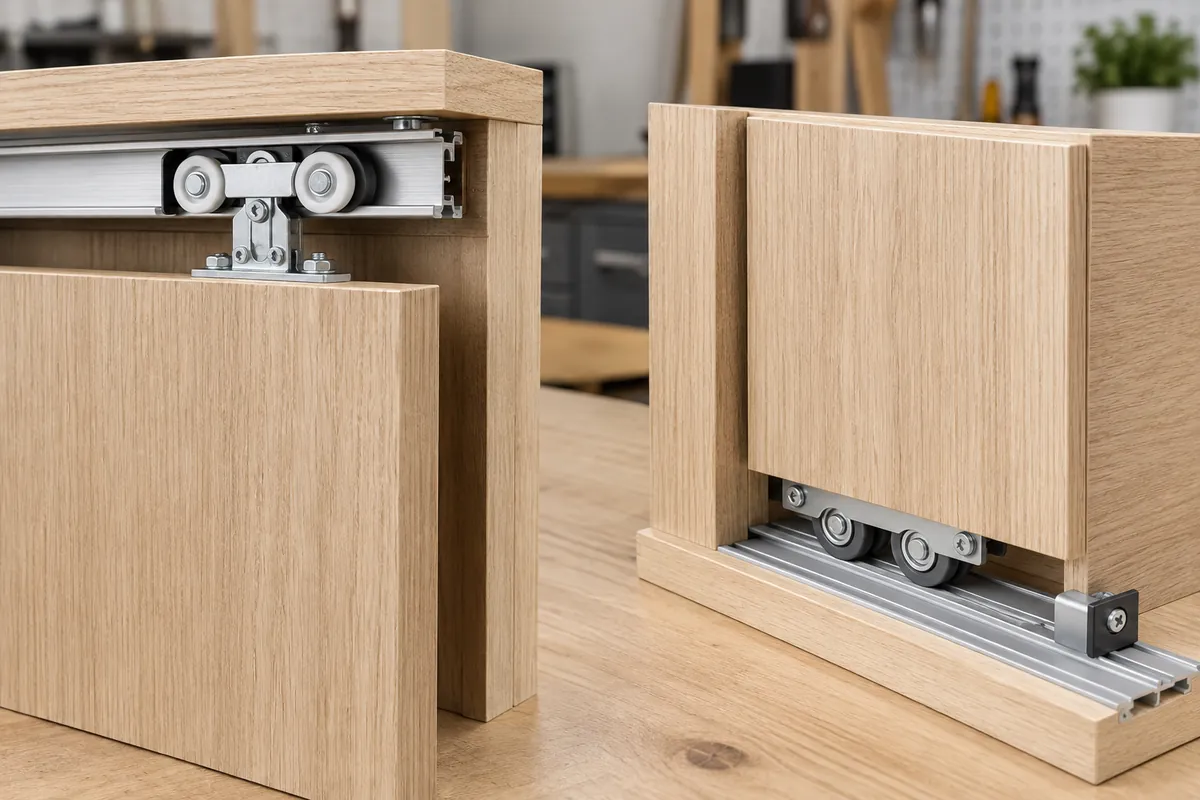 Close view of separate upper trolley and lower roller sliding-door options; actual system parts must be confirmed with the selected supplier.