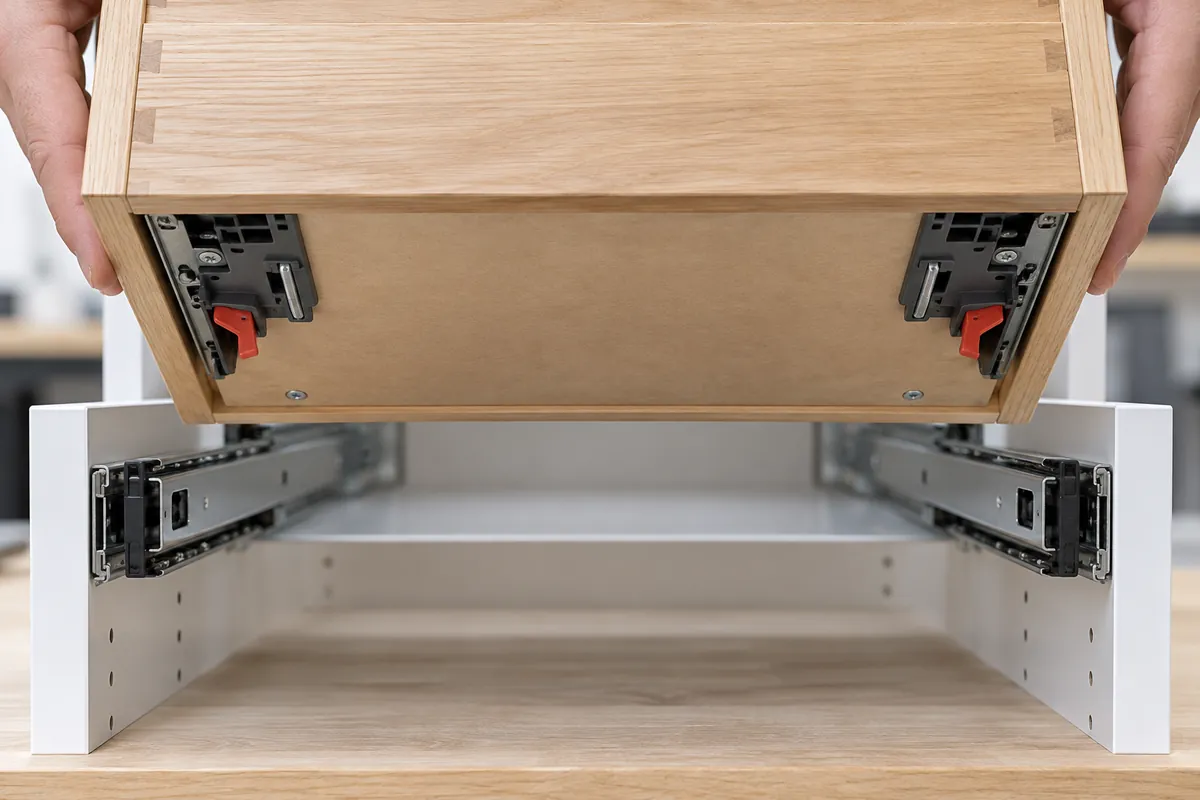 Drawer basket module lifted for a left-right locking-clip and runner match review; conceptual, not a test record.