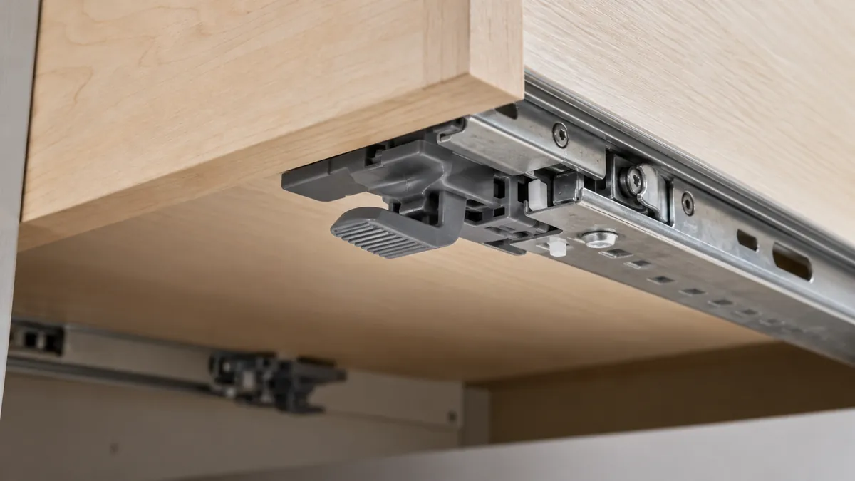 Close view of an undermount drawer locking clip engaged with its concealed runner; confirm the exact system and part revision with its supplier.
