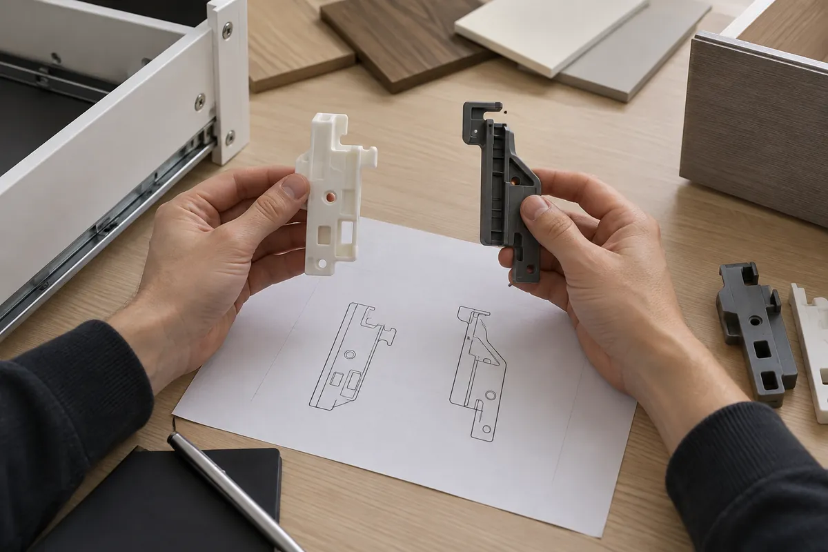 Buyer comparing left and right drawer rear-hook parts with a blank interface sketch; conceptual, not a test record.