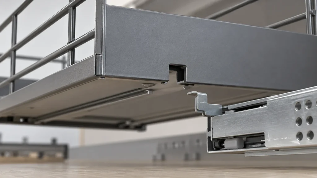 Conceptual drawer basket underside showing a rear notch positioned to engage a matching undermount runner hook; illustrative buyer education.