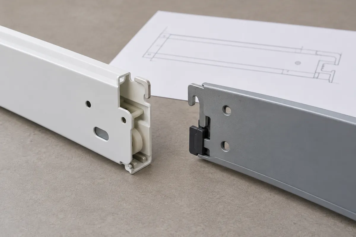 Generic drawer rear notch and runner hook samples arranged side by side for supplier interface review.