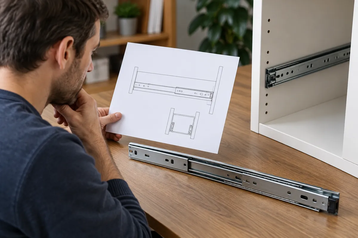 Buyer reviewing a drawer runner, cabinet interior and system drawing; conceptual, no measurement shown.