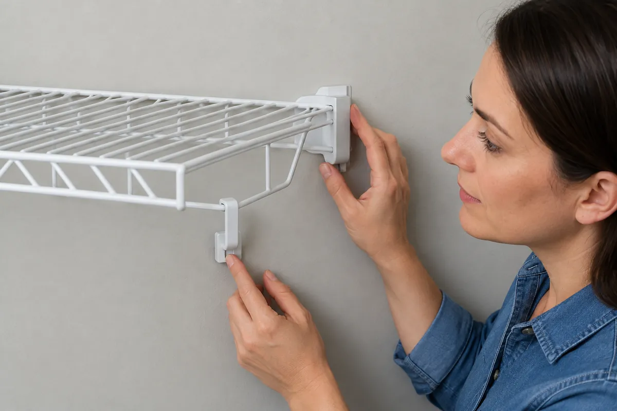 Buyer checking rear and lower retaining clips on a generic installed wire shelf; conceptual only.