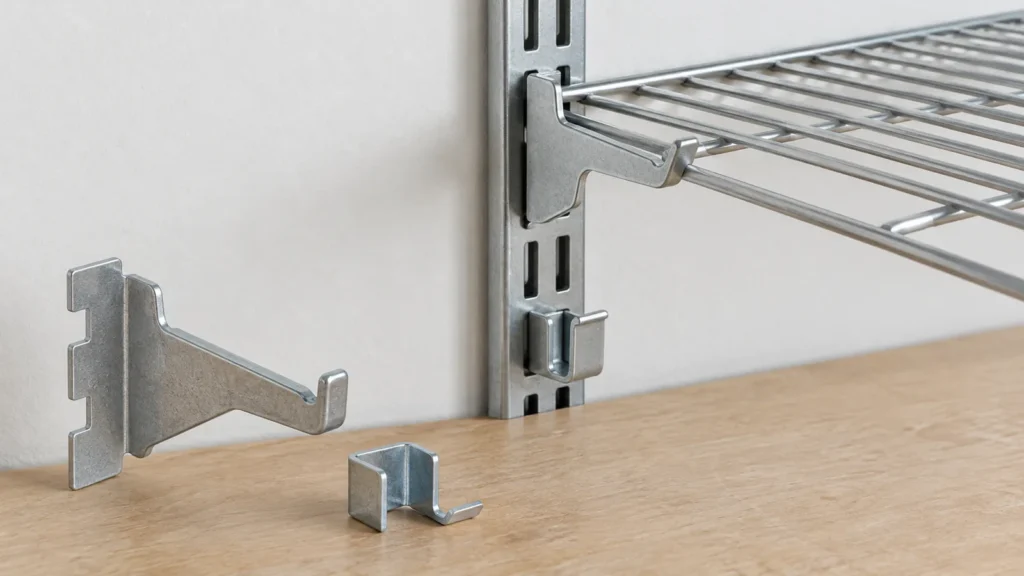 Conceptual wire shelf installed with a rear wall clip and separate lower retention clip; illustrative adjacent hardware.