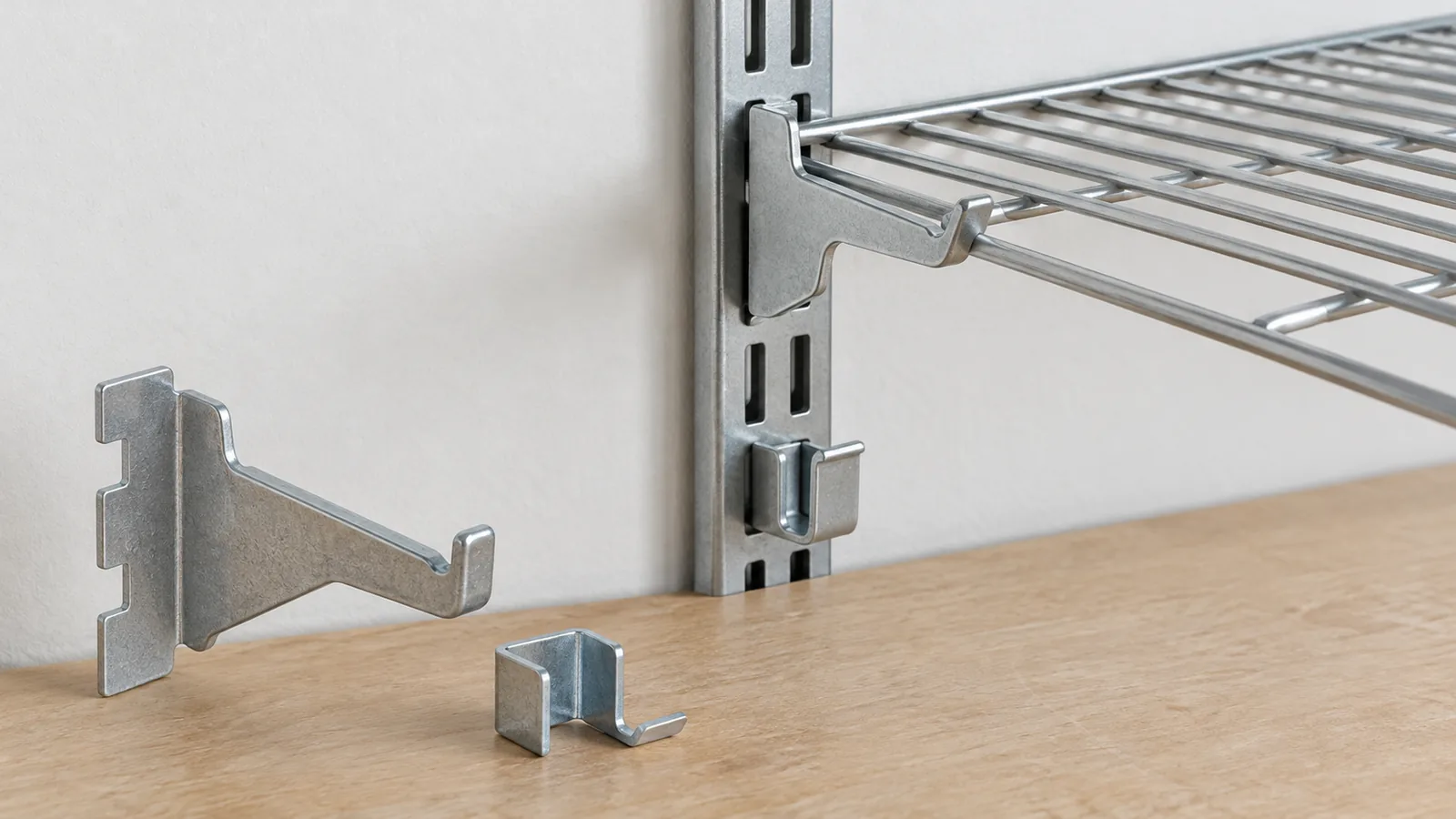 Conceptual wire shelf installed with a rear wall clip and separate lower retention clip; illustrative adjacent hardware.