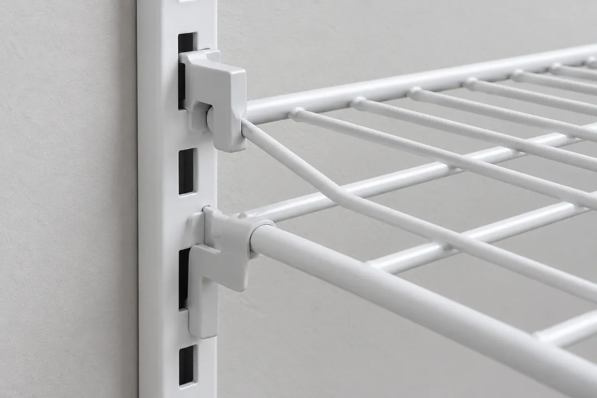 Separate rear wall and lower down clips engaging a generic wire shelf and track.