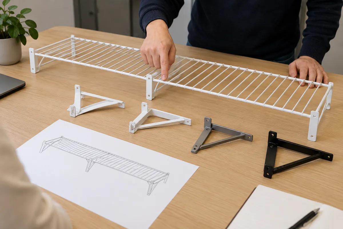 Buyer reviewing a wire shelf and brackets with a blank layout sheet; no universal span implied.