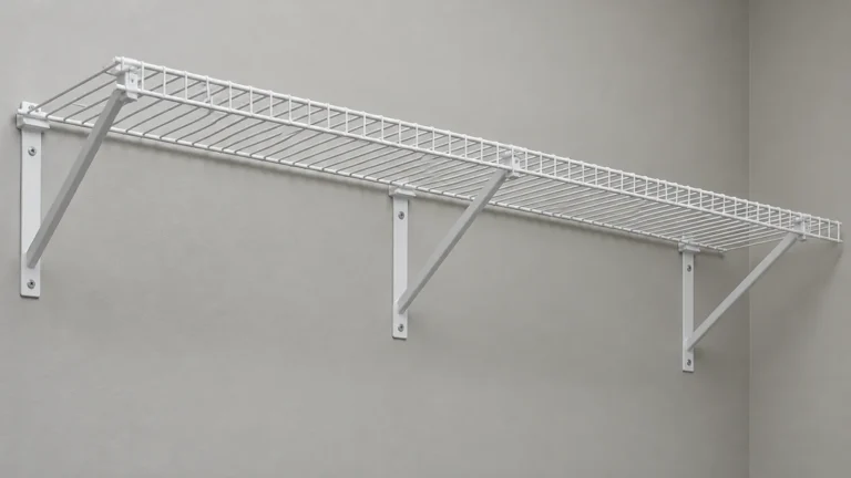 Generic wall-mounted wire shelf on several supports, illustrating buyer discussion of spacing and assembly variables.