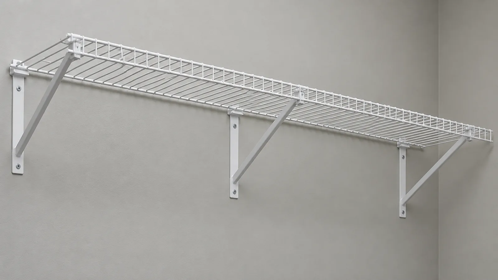 Generic wall-mounted wire shelf on several supports, illustrating buyer discussion of spacing and assembly variables.