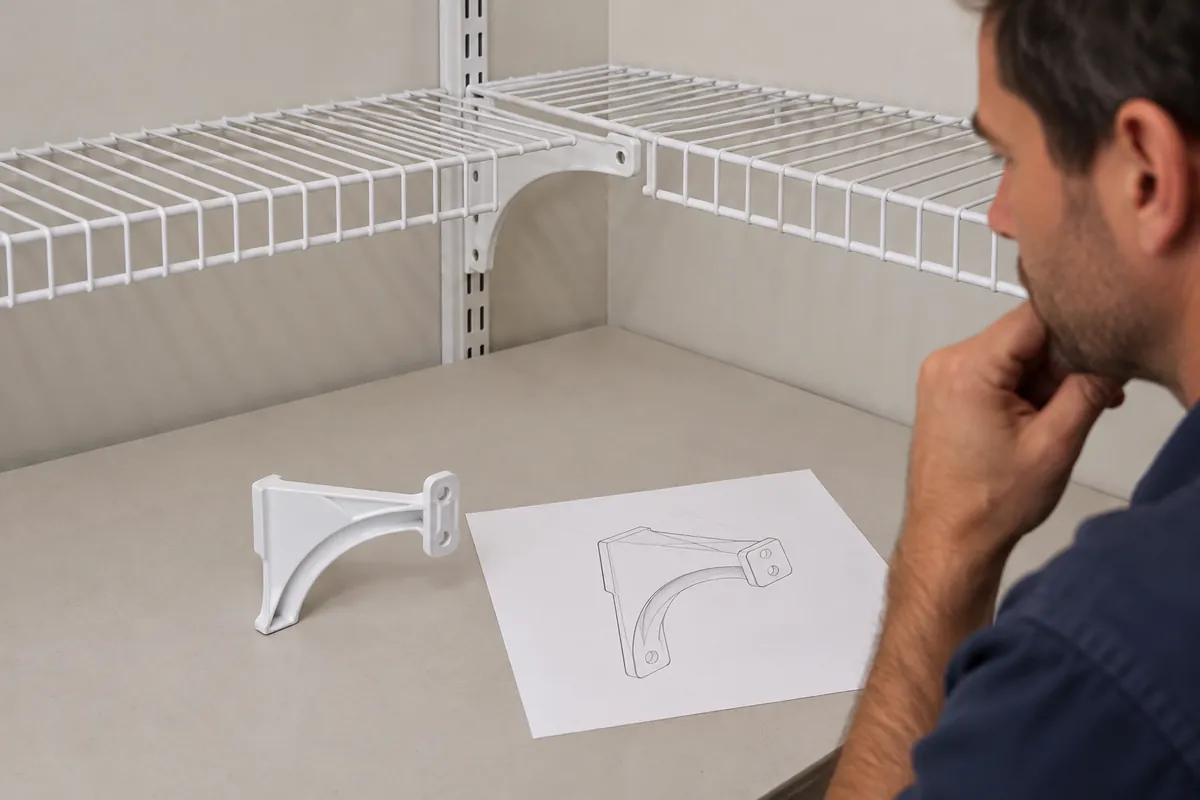 Buyer reviewing a corner support bracket and two wire shelf sections against a blank sketch.