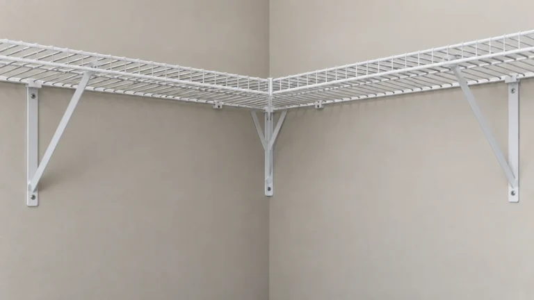 Conceptual L-shaped wire shelving run meeting at a corner with a dedicated support beneath the joint.