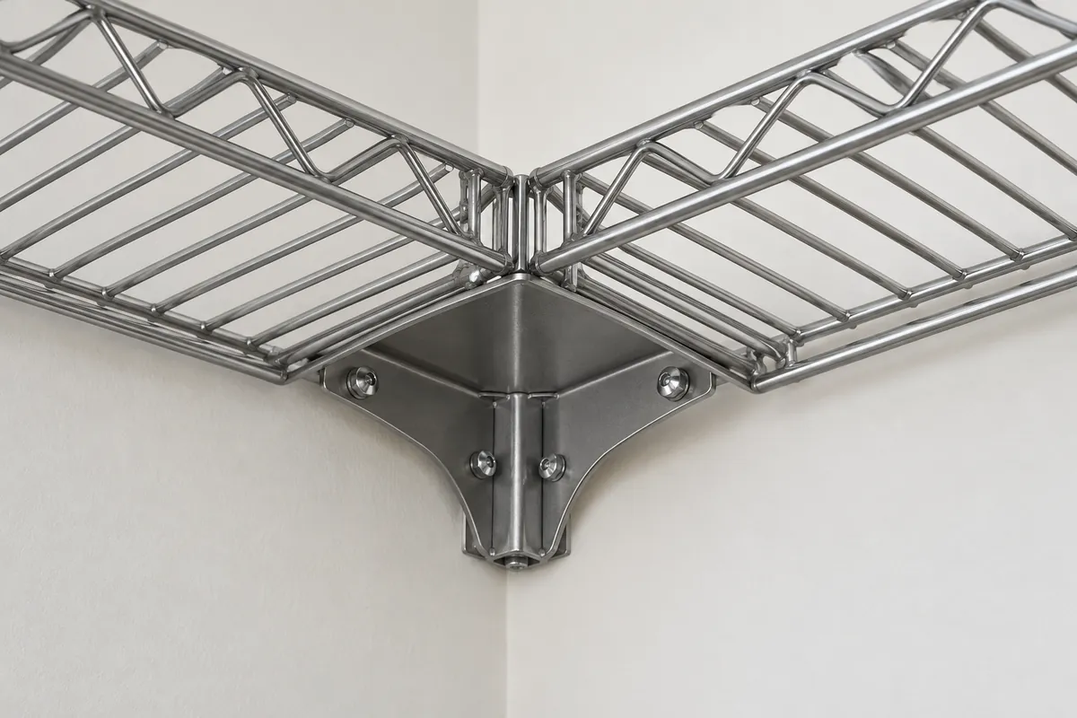 Underside close-up of two wire shelf sections meeting over a dedicated corner support.