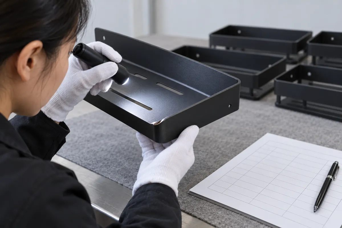 Buyer inspecting a powder-coated shelf edge under a light; no root cause implied.
