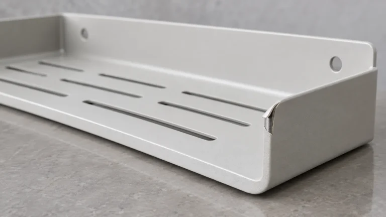 Generic powder-coated bathroom shelf sample with a small localized lifted coating edge; root cause unconfirmed.