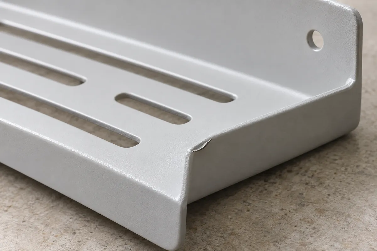 Close-up of localized coating edge lift on a generic powder-coated bathroom shelf sample.