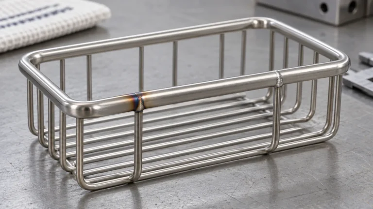 Stainless wire basket weld joint with localized heat tint for a buyer acceptance review