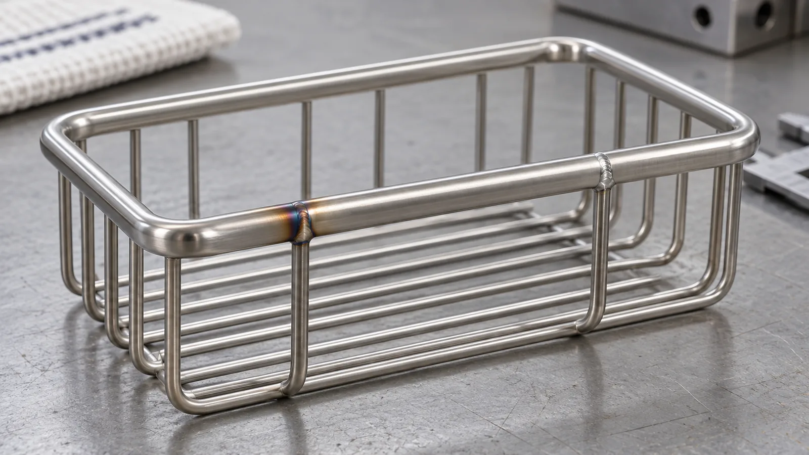 Stainless wire basket weld joint with localized heat tint for a buyer acceptance review