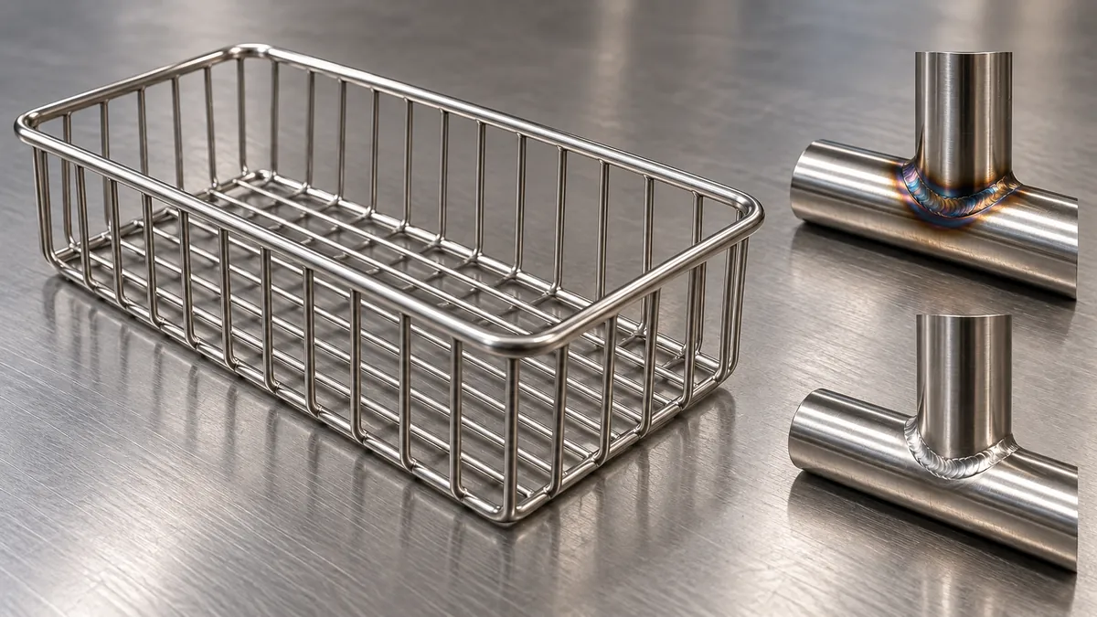 Standalone stainless wire basket and weld-joint samples arranged for supplier review