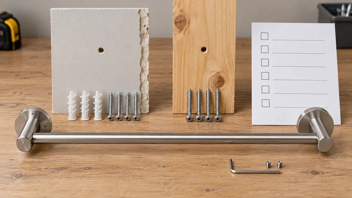 Two-bracket towel bar and substrate-specific fasteners prepared for buyer approval