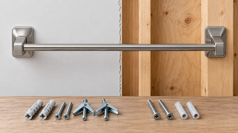 Two-bracket wall-mounted towel bar with generic anchor options beside drywall and wood-stud samples
