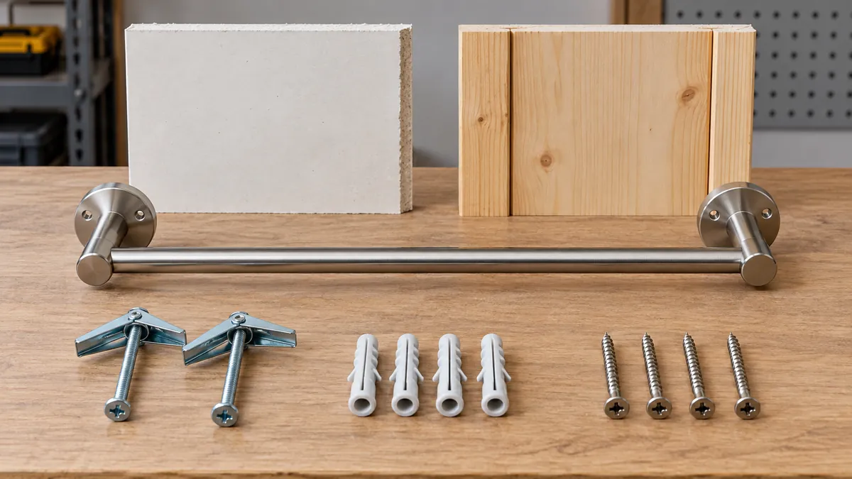 Towel bar brackets, wall samples, anchors and screws arranged for mounting-kit review