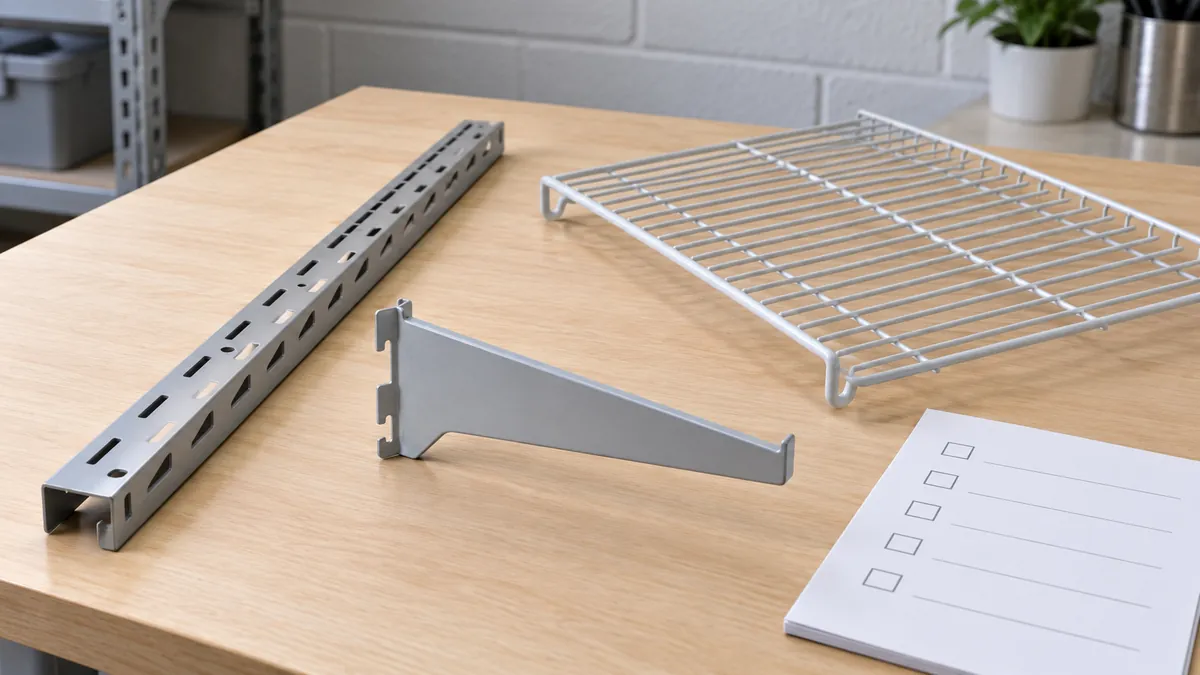 Slotted standard, shelf bracket and wire shelf laid out beside a blank buyer approval checklist