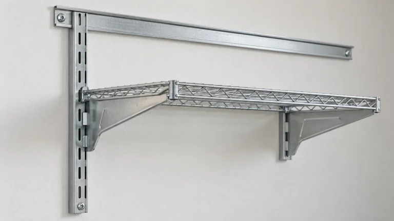 Adjustable metal wall rail system with slotted standard, matching shelf brackets and a wire shelf