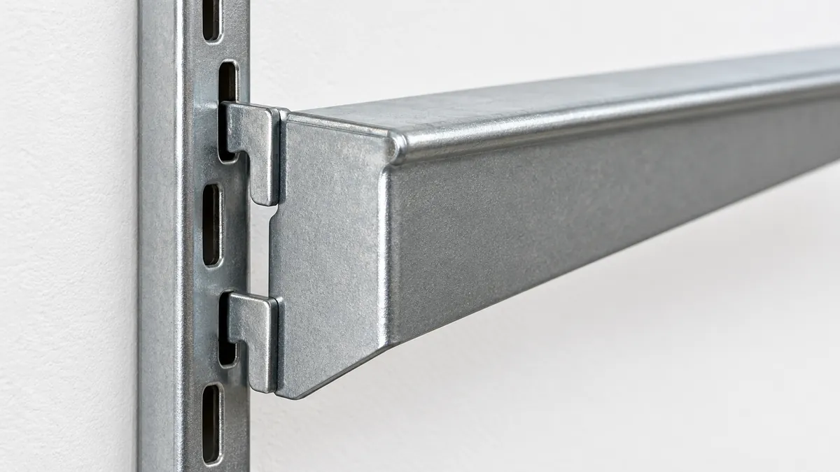 Close-up of an adjustable shelf bracket hook engaging slots in a vertical wall standard