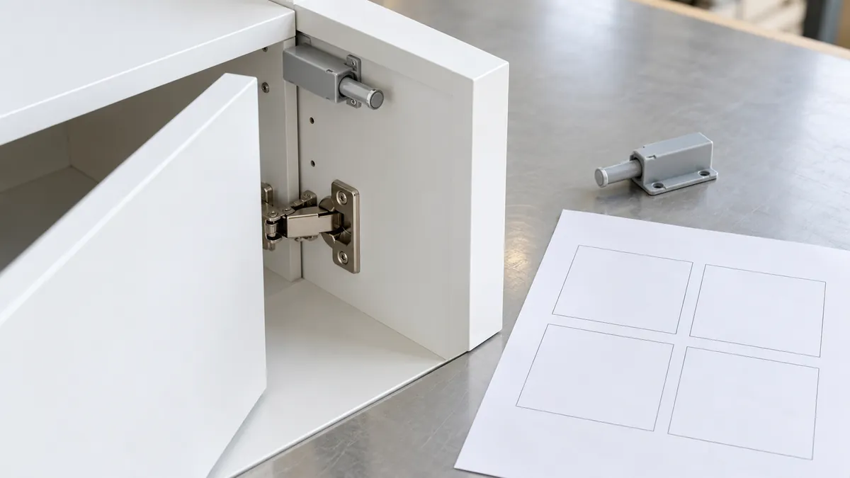 Handleless cabinet sample with push latch, concealed hinge and blank approval sheet for a buyer review