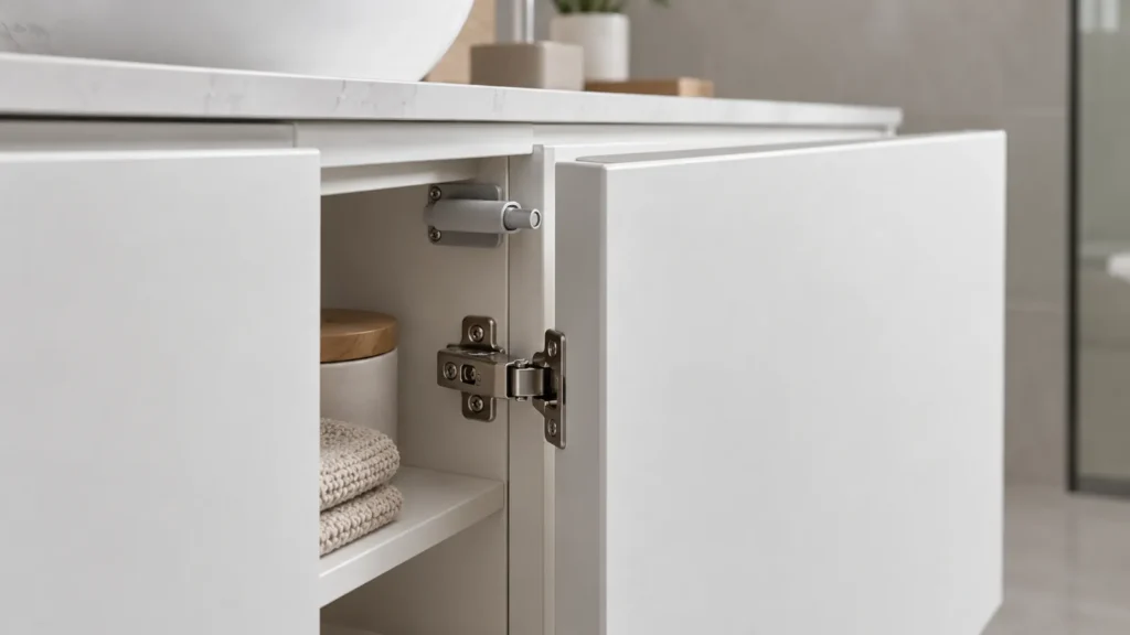 Handleless bathroom cabinet door slightly open with push latch and concealed hinge visible inside