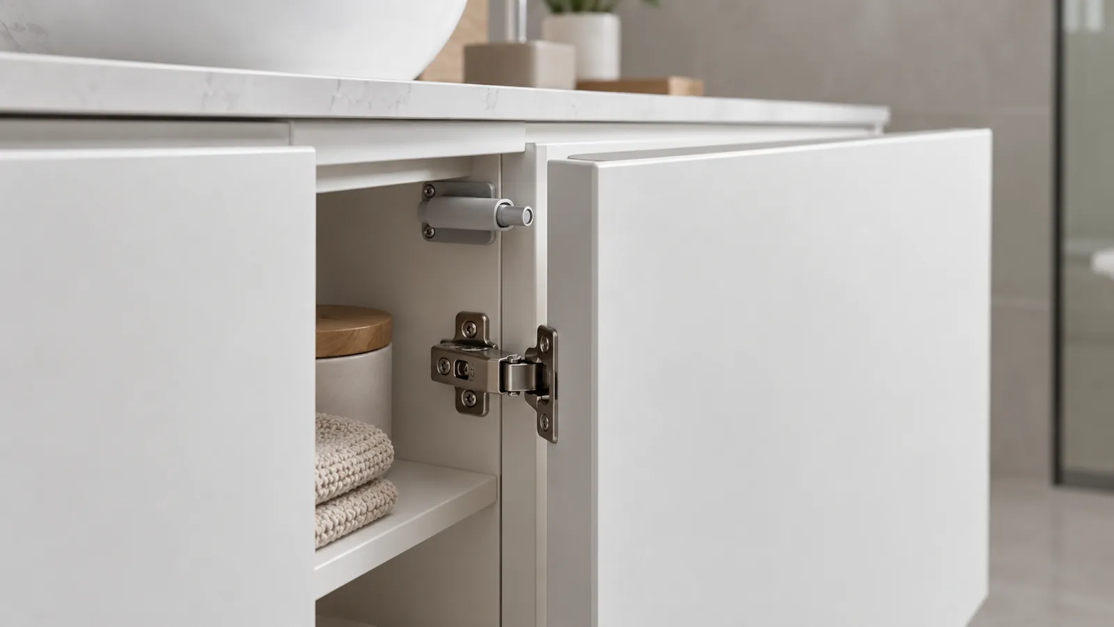 Handleless bathroom cabinet door slightly open with push latch and concealed hinge visible inside