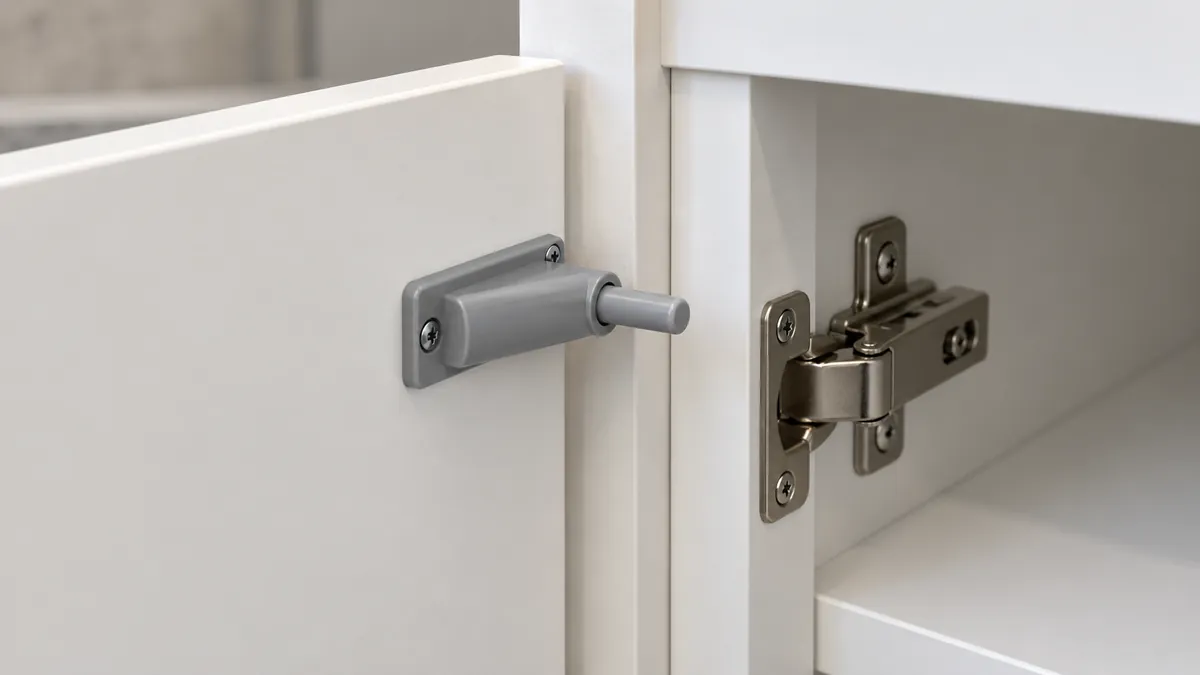 Close-up of a mechanical push latch and concealed hinge installed at a handleless cabinet door edge