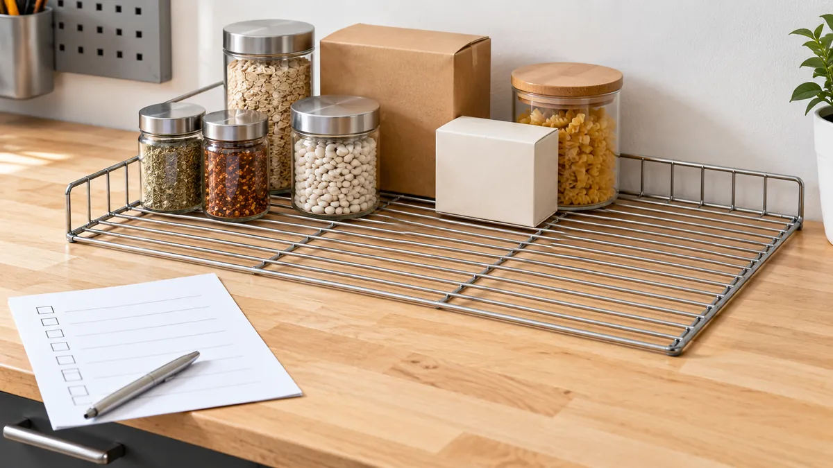 Wire shelf sample with low side and back ledges, stored containers, open front access and blank approval checklist