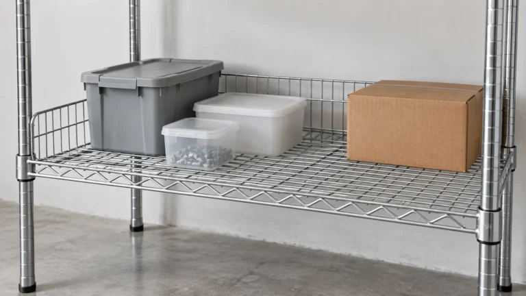 Wire storage shelf with modest back and side ledges holding unbranded containers while leaving front access open