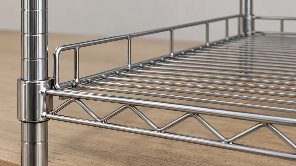 Close detail of a low metal side and back ledge attached to the perimeter of a wire storage shelf