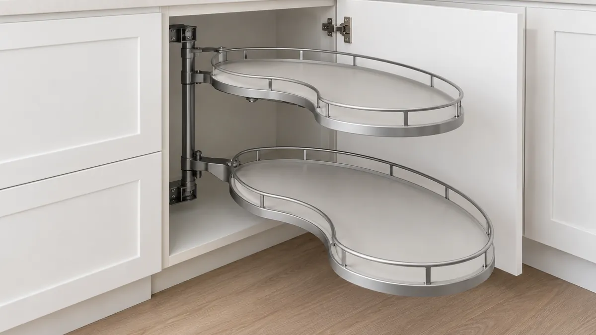 Two articulated kidney-shaped shelves swung out from a blind-corner cabinet on a visible pivot mechanism