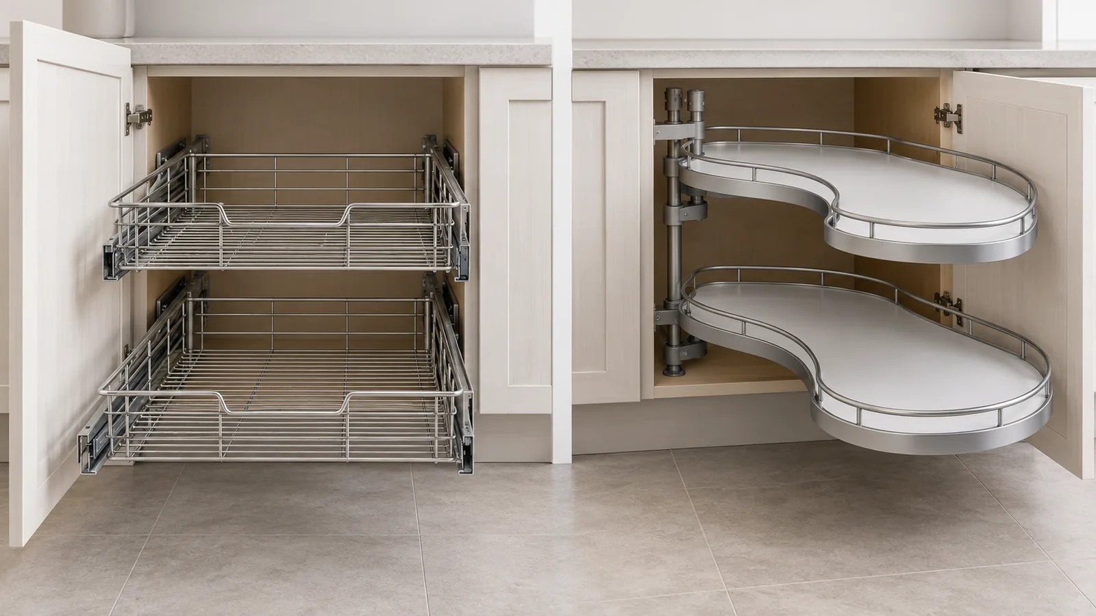 Side-by-side comparison of a straight pull-out wire basket and a pivoting swing-out blind-corner shelf system