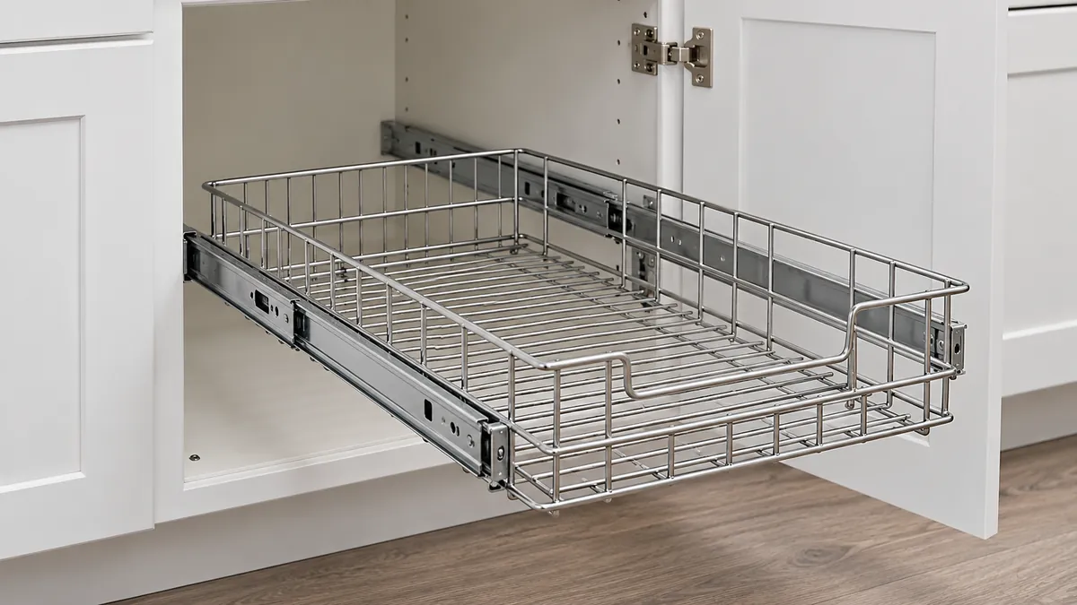 A straight pull-out wire basket extended on linear slides from a blind-corner cabinet opening