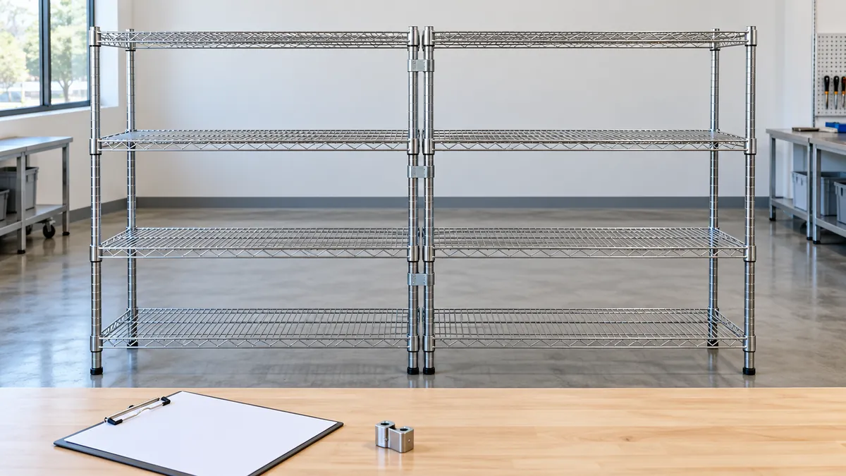 Two complete wire shelving racks joined at the center posts beside a blank buyer sample-review sheet