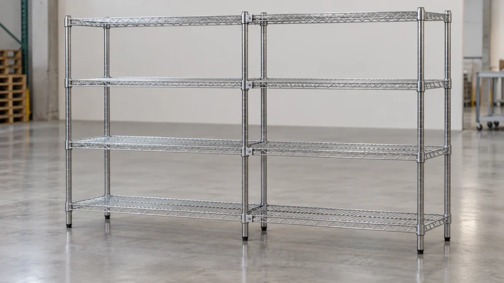 Two separate freestanding wire shelving units aligned side by side and joined at adjacent posts with clamps