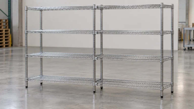 Two separate freestanding wire shelving units aligned side by side and joined at adjacent posts with clamps