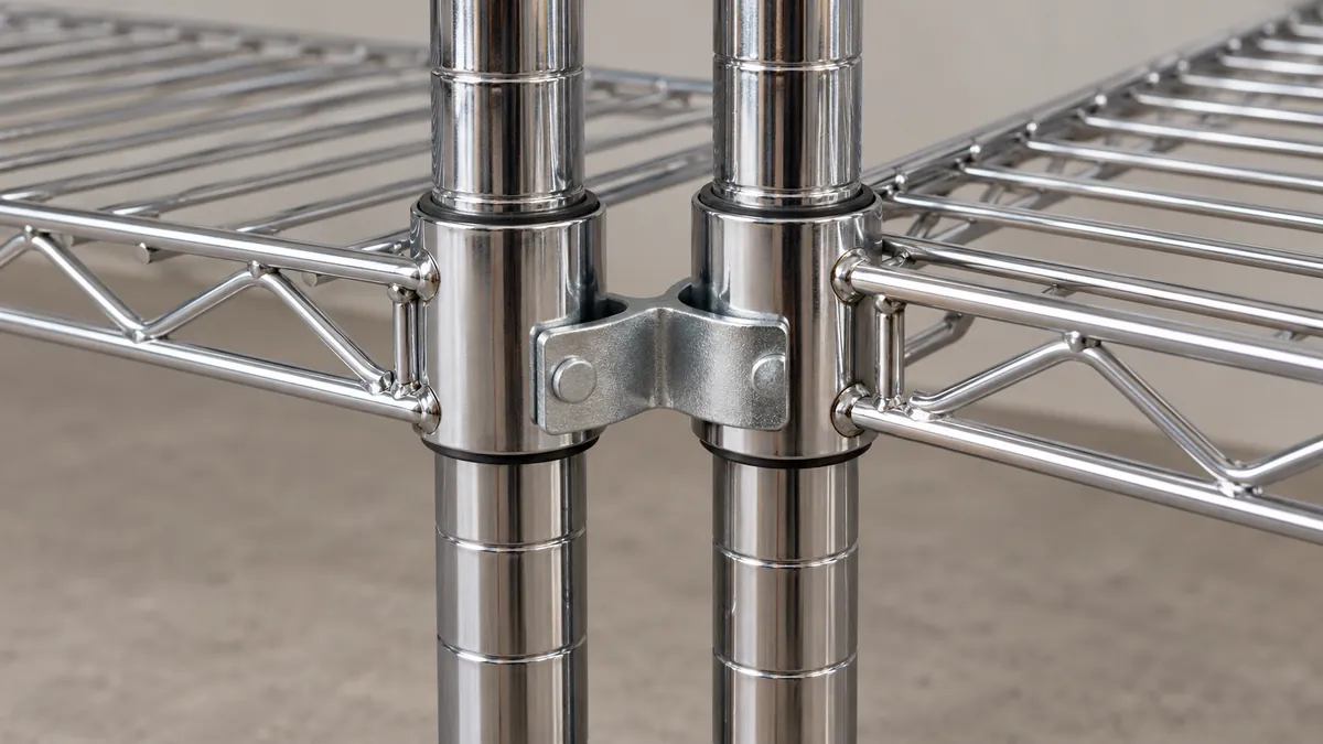 Close-up of a metal clamp connecting the adjacent posts of two separate wire shelving units
