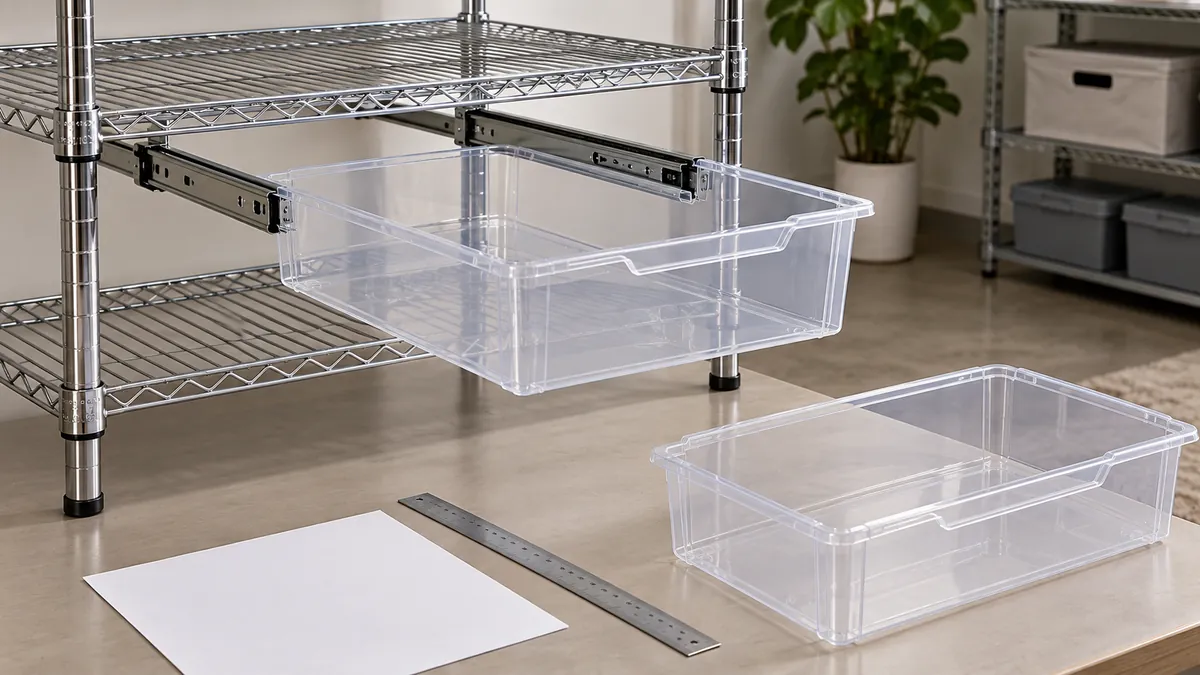 A wire rack sample with a clear under-shelf bin extended beside a blank review sheet and ruler