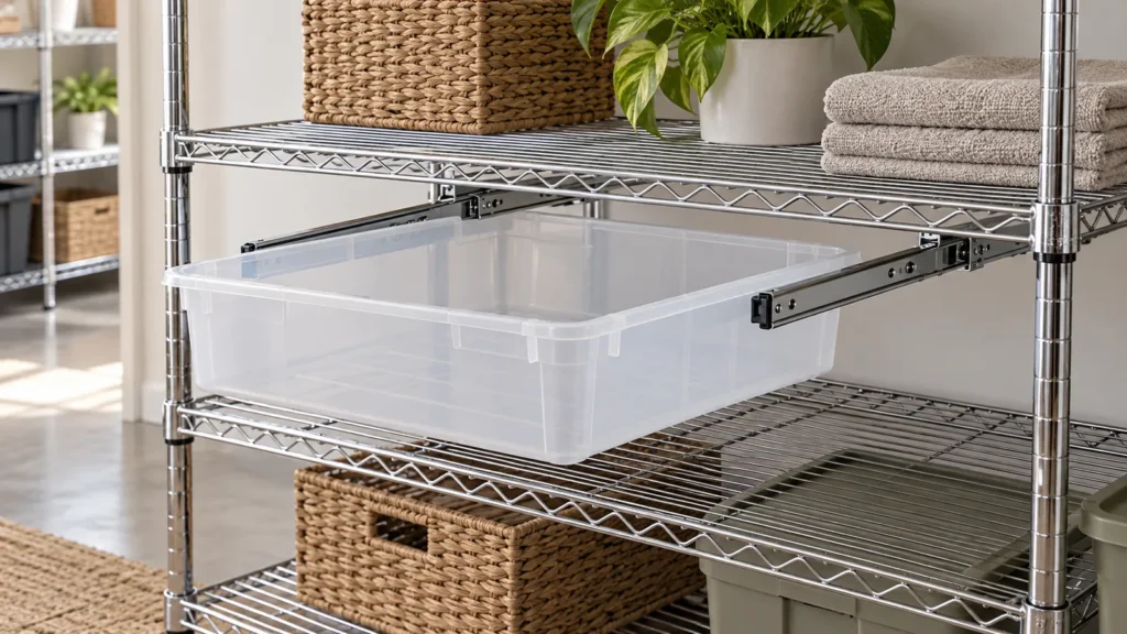 A translucent removable storage bin fitted beneath a chrome wire shelf on a pair of slide rails