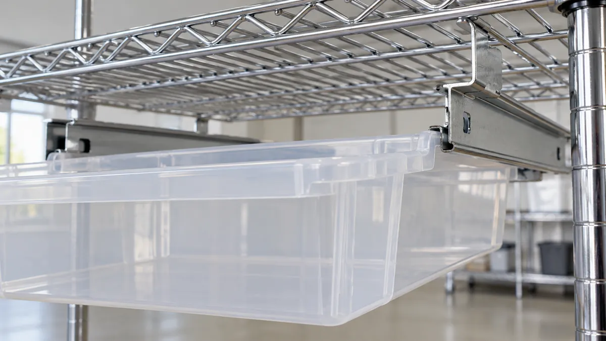 Close-up of a removable clear bin engaging a pair of metal rails under a wire shelf